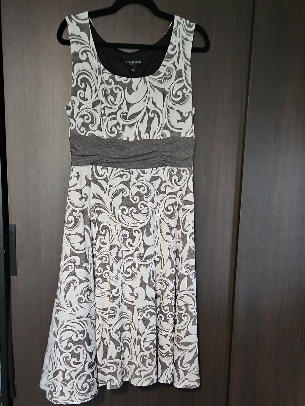 Perceptions White and Gray Floral Fit-and-Flare Midi Dress